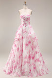 Robe de bal longue de bal en fleur fluminse blanche en fleur fûche fuchsia sans bretelles taille basque en ligne A