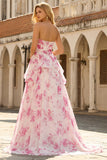 Robe de bal longue de bal en fleur fluminse blanche en fleur fûche fuchsia sans bretelles taille basque en ligne A