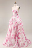 Robe de bal longue de bal en fleur fluminse blanche en fleur fûche fuchsia sans bretelles taille basque en ligne A