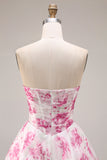 Robe de bal longue de bal en fleur fluminse blanche en fleur fûche fuchsia sans bretelles taille basque en ligne A