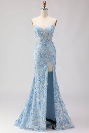 Corset sans bretelles sirène bleu fleurs 3D à sequins robe de bal longue avec fente