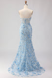 Corset sans bretelles en fuchsia Sirène 3D Fleurs à sequins longue robe de bal avec fente