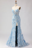 Corset sans bretelles sirène bleu fleurs 3D à sequins robe de bal longue avec fente
