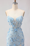 Corset sans bretelles sirène bleu fleurs 3D à sequins robe de bal longue avec fente