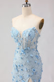 Corset sans bretelles sirène bleu fleurs 3D à sequins robe de bal longue avec fente