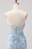 Corset sans bretelles sirène bleu fleurs 3D à sequins robe de bal longue avec fente