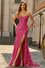 Corset sirène Fuchsia Fruns 3D bretelles Sequins Longue robe de bal avec fente