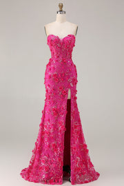 Corset sans bretelles en fuchsia Sirène 3D Fleurs à sequins longue robe de bal avec fente