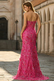 Corset sans bretelles en fuchsia Sirène 3D Fleurs à sequins longue robe de bal avec fente