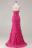 Corset sirène Fuchsia Fruns 3D bretelles Sequins Longue robe de bal avec fente