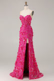 Corset sans bretelles sirène bleu fleurs 3D à sequins robe de bal longue avec fente
