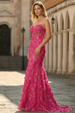 Corset sirène Fuchsia Fruns 3D bretelles Sequins Longue robe de bal avec fente