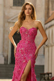 Corset sirène Fuchsia Fruns 3D bretelles Sequins Longue robe de bal avec fente