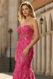 Corset sirène Fuchsia Fruns 3D bretelles Sequins Longue robe de bal avec fente