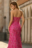 Corset sirène Fuchsia Fruns 3D bretelles Sequins Longue robe de bal avec fente