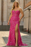 Corset sans bretelles en Fuchsia Sirène 3D Fleurs à sequins Longue robe de bal grande taille avec fente