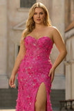 Corset sans bretelles en Fuchsia Sirène 3D Fleurs à sequins Longue robe de bal grande taille avec fente