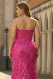 Corset sans bretelles en Fuchsia Sirène 3D Fleurs à sequins Longue robe de bal grande taille avec fente