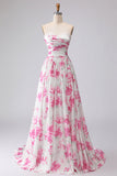 Robe de bal plissée à bretelles plissées en forme de bal en fleurs fuchsia blanches