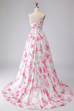Robe de bal plissée à bretelles plissées en forme de bal en fleurs fuchsia blanches