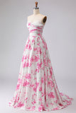 Robe de bal plissée à bretelles plissées en forme de bal en fleurs fuchsia blanches