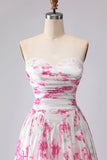 Robe de bal plissée à bretelles plissées en forme de bal en fleurs fuchsia blanches