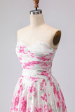 Robe de bal plissée à bretelles plissées en forme de bal en fleurs fuchsia blanches