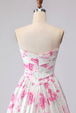 Robe de bal plissée à bretelles plissées en forme de bal en fleurs fuchsia blanches