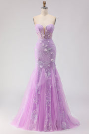 Robe de soirée longue violet coupe sirène bustier en dentelle avec perles