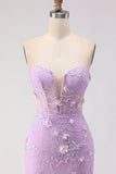 Robe de soirée longue violet coupe sirène bustier en dentelle avec perles