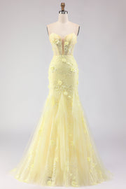 Robe de soirée longue jaune coupe sirène en dentelle sans bretelles avec perles