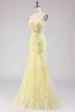 Robe de soirée longue jaune coupe sirène en dentelle sans bretelles avec perles