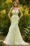 Corset sans anneaux jaune sirène, longue robe de bal en dentelle avec des fleurs 3D