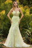 Corset sans anneaux jaune sirène, longue robe de bal en dentelle avec des fleurs 3D