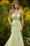 Corset sans anneaux jaune sirène, longue robe de bal en dentelle avec des fleurs 3D
