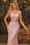 Robe longue de bal de promo à perles transparentes en corset à fard scintillant