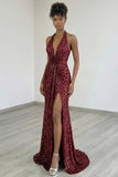 Robe de bal longue de bal à paillettes en sirène bourgogne scintillante