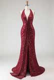 Robe de bal longue de bal à paillettes en sirène bourgogne scintillante