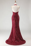 Robe de bal longue de bal à paillettes en sirène bourgogne scintillante
