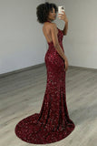 Robe de bal longue de bal à paillettes en sirène bourgogne scintillante
