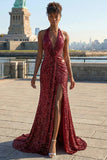 Robe de bal longue de bal à paillettes en sirène bourgogne scintillante