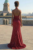 Robe de bal longue de bal à paillettes en sirène bourgogne scintillante