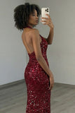 Robe de bal longue de bal à paillettes en sirène bourgogne scintillante