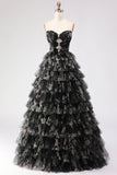 Robe de bal longue noire à volants à volants en A, découpe brette avec nœuds