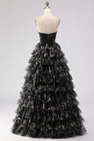 Robe de bal longue noire à volants à volants en A, découpe brette avec nœuds