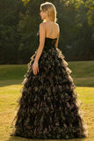 Robe de bal de bal longue à volants à volants en fleurs roses, fleurs roses, découpée en A, avec nœuds