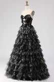 Robe de bal longue noire à volants à volants en A, découpe brette avec nœuds
