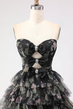Robe de bal longue noire à volants à volants en A, découpe brette avec nœuds