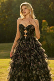 Robe de bal de bal longue à volants à volants en fleurs roses, fleurs roses, découpée en A, avec nœuds