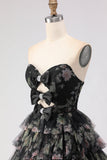 Robe de bal longue noire à volants à volants en A, découpe brette avec nœuds